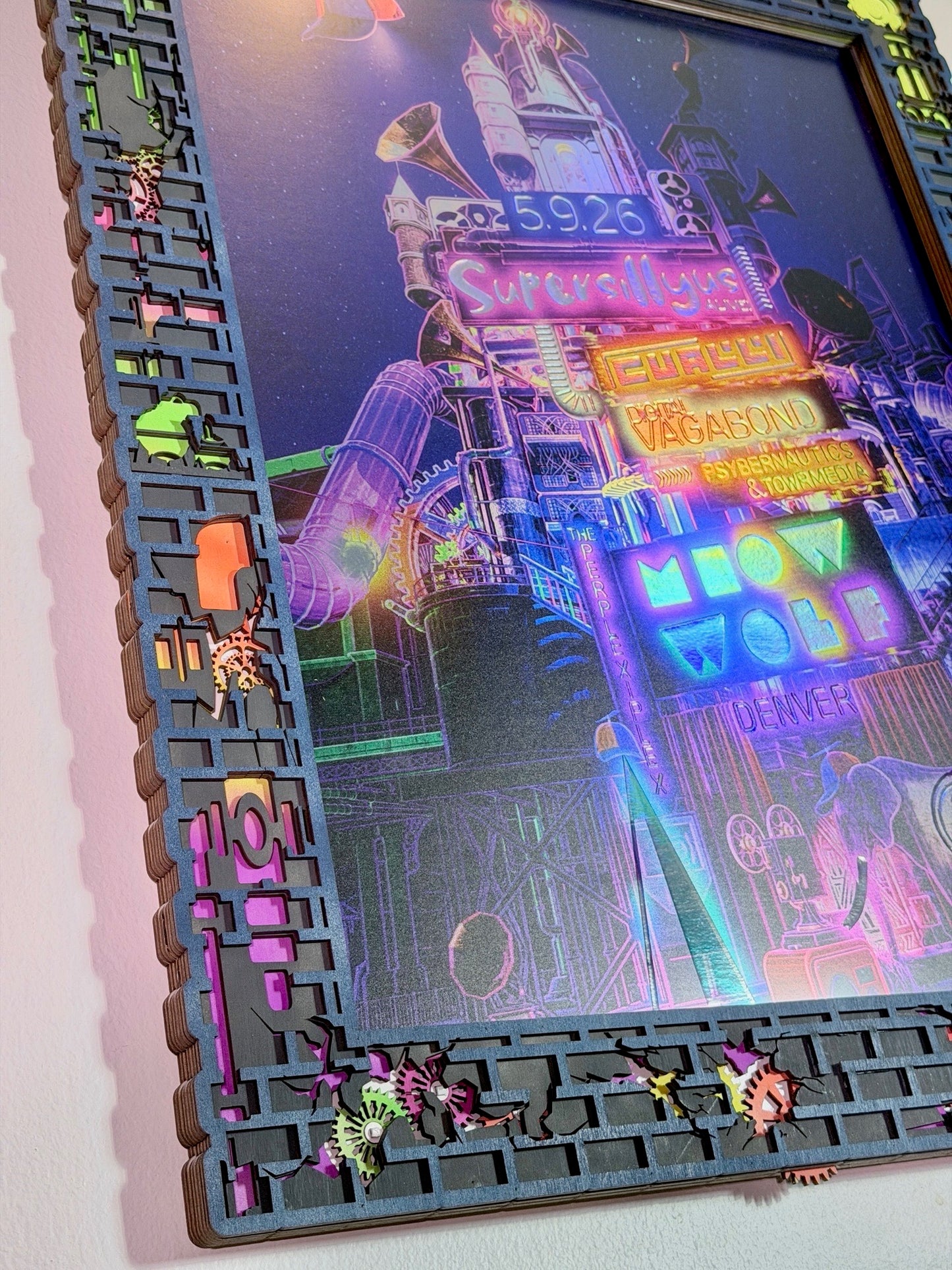 Alive! Meow Wolf:  Hand Painted Laser Cut Wooden Frame with Interactive Mechanical Gears!