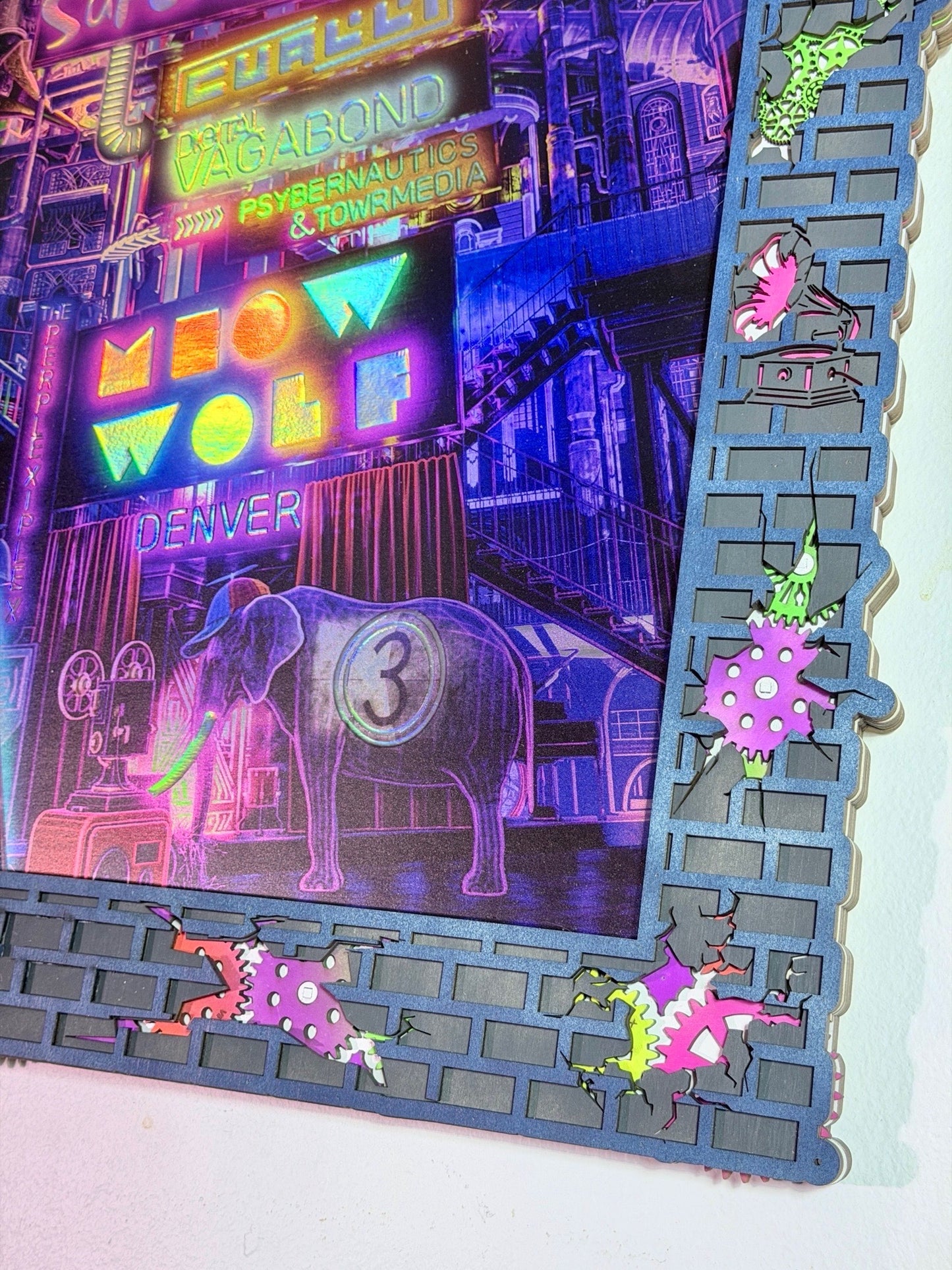 Alive! Meow Wolf:  Hand Painted Laser Cut Wooden Frame with Interactive Mechanical Gears!